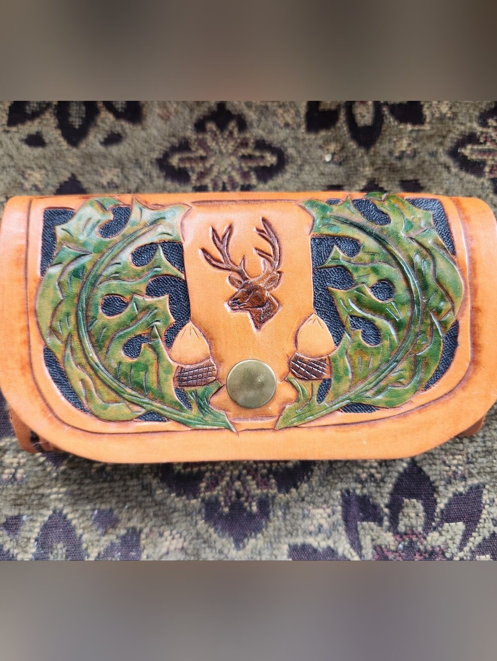 VTG Hand Tooled Brown Leather Hunter Green Accent Deer BUCK KNIFE FITS 2" BELT